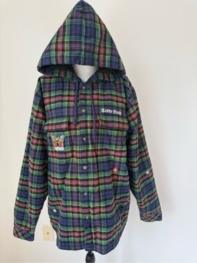 Teddy Fresh Green & Blue Plaid Hooded Shirt Jacket